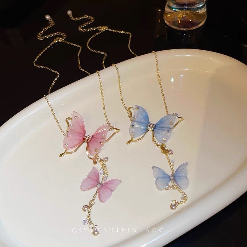 Sweet Rhinestone Pearl Tulle Butterfly Tassel Pendant Necklace for Women