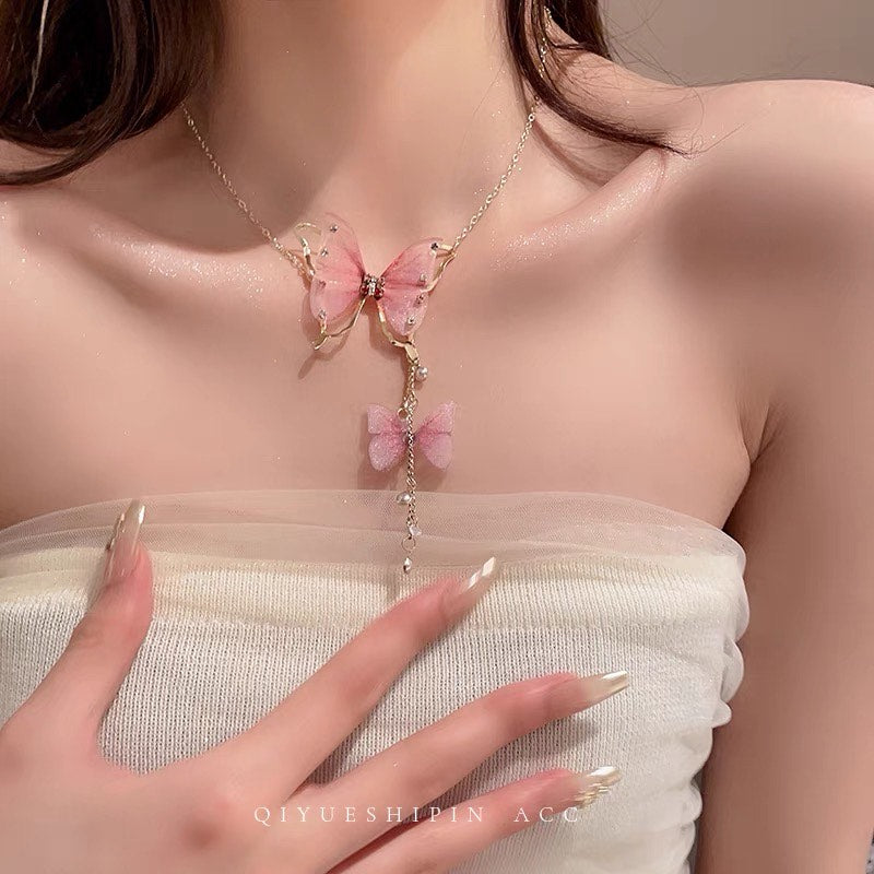 Sweet Rhinestone Pearl Tulle Butterfly Tassel Pendant Necklace for Women