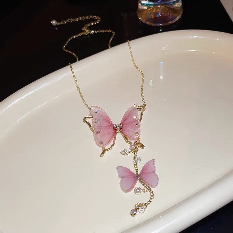 Sweet Rhinestone Pearl Tulle Butterfly Tassel Pendant Necklace for Women