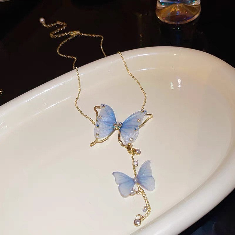 Sweet Rhinestone Pearl Tulle Butterfly Tassel Pendant Necklace for Women