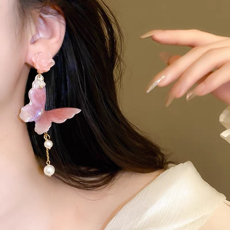 sweet pink flower butterfly tassel earrings