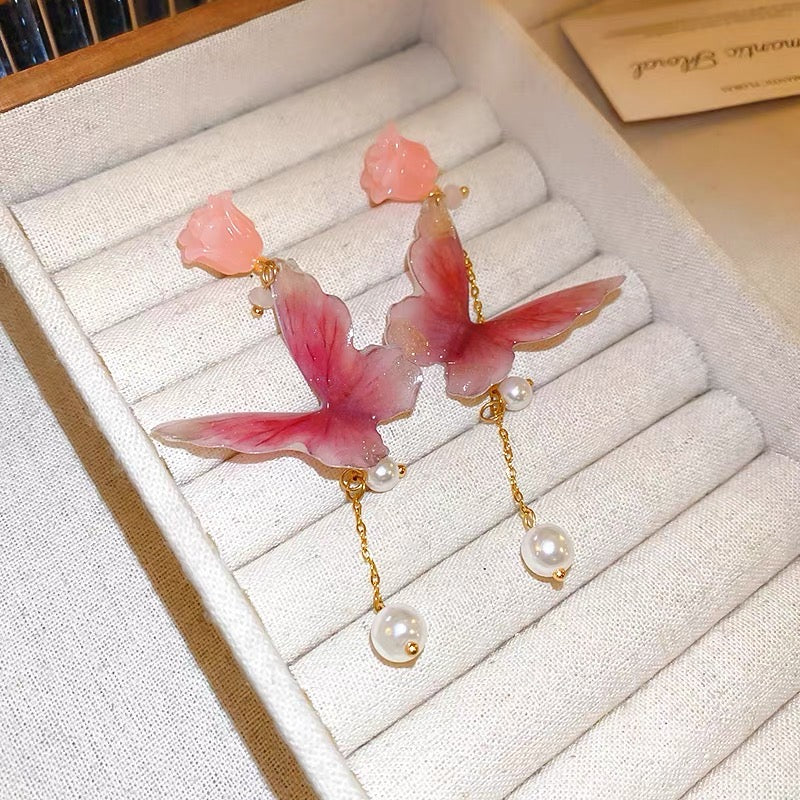 sweet pink flower butterfly tassel earrings