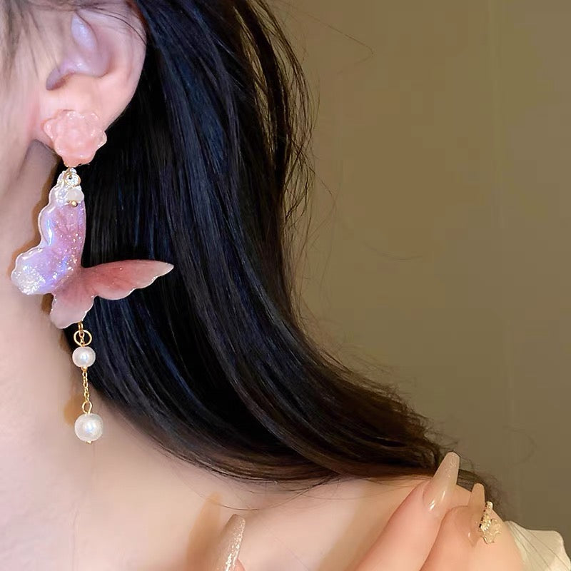sweet pink flower butterfly tassel earrings