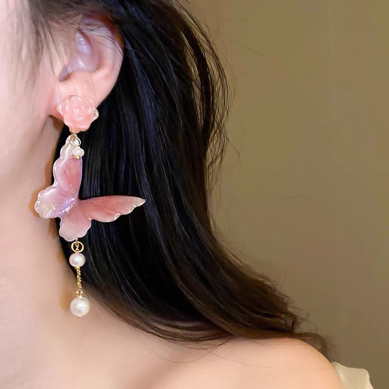 sweet pink flower butterfly tassel earrings