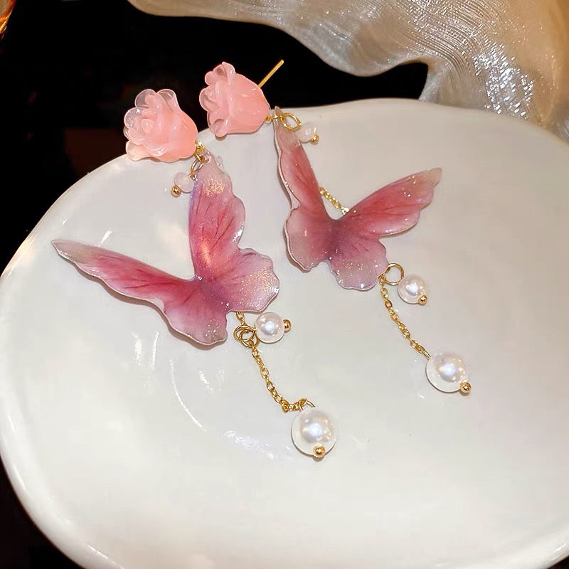 sweet pink flower butterfly tassel earrings