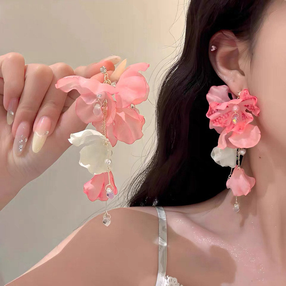 Sweet pink Fabric Flower Long Pearl Tassel Earrings for Women.