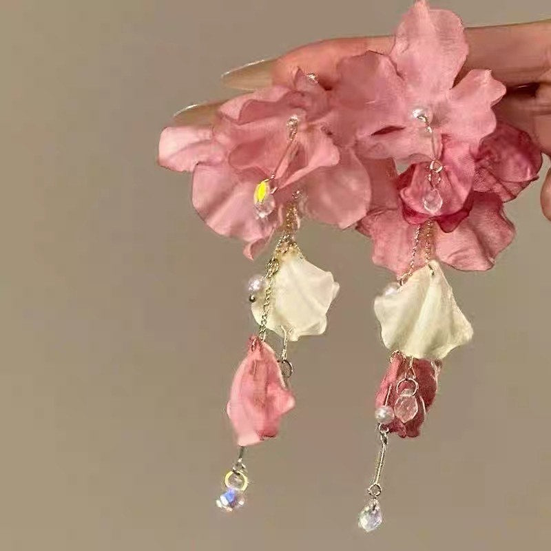 Sweet pink Fabric Flower Long Pearl Tassel Earrings for Women.