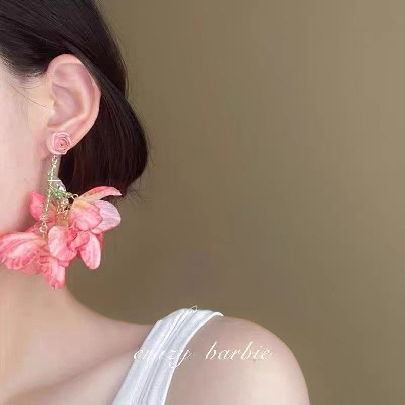 Sweet Flower Dangle Earrings Glass Crystal Exaggerated Beach Earrings French Style