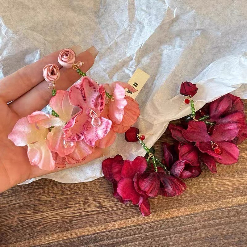 Sweet Flower Dangle Earrings Glass Crystal Exaggerated Beach Earrings French Style