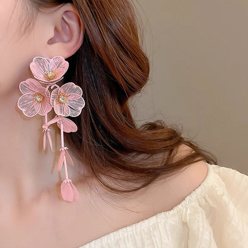 Exaggerated Big Flower Long Tassel Earrings Light Luxury Advanced Sense