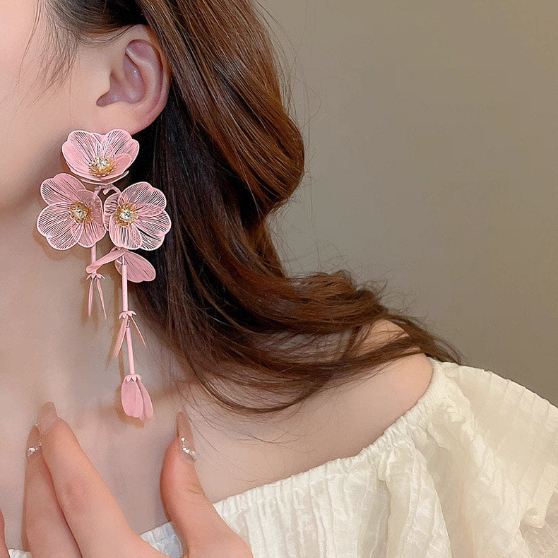 Exaggerated Big Flower Long Tassel Earrings Light Luxury Advanced Sense