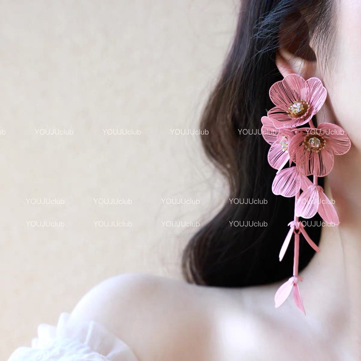 Exaggerated Big Flower Long Tassel Earrings Light Luxury Advanced Sense