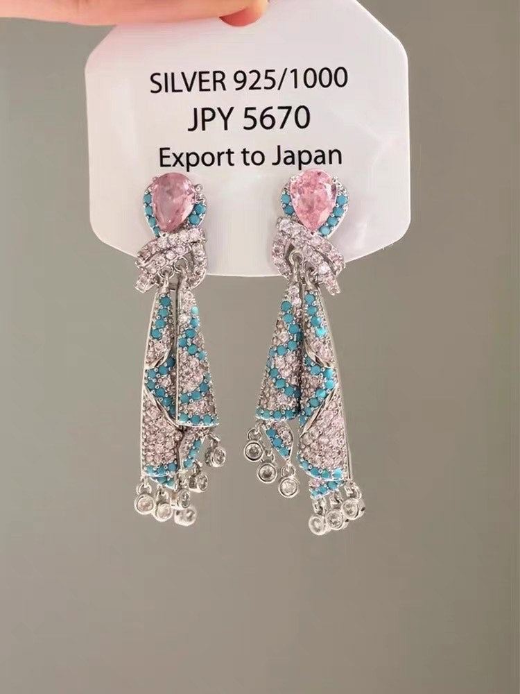 SUYU Women's Light Luxury Design Elegant Tassel Silk Inlaid Zircon Earrings