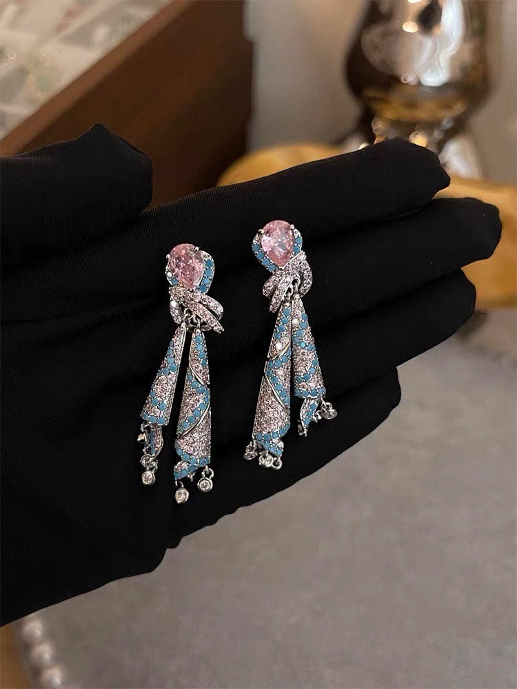 SUYU Women's Light Luxury Design Elegant Tassel Silk Inlaid Zircon Earrings