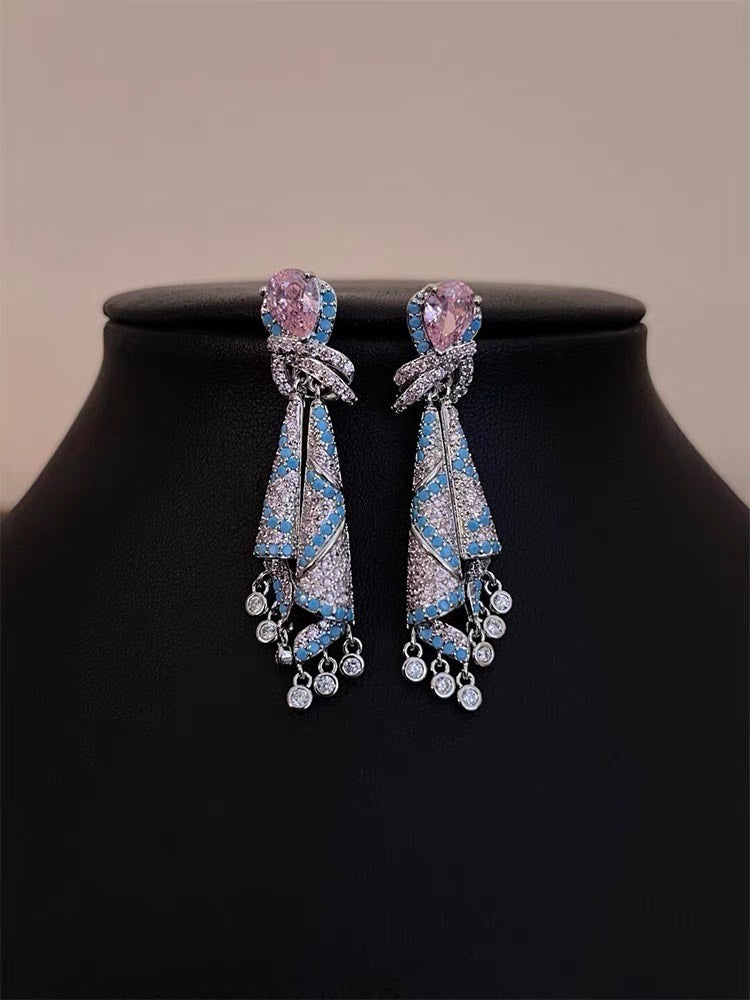 SUYU Women's Light Luxury Design Elegant Tassel Silk Inlaid Zircon Earrings