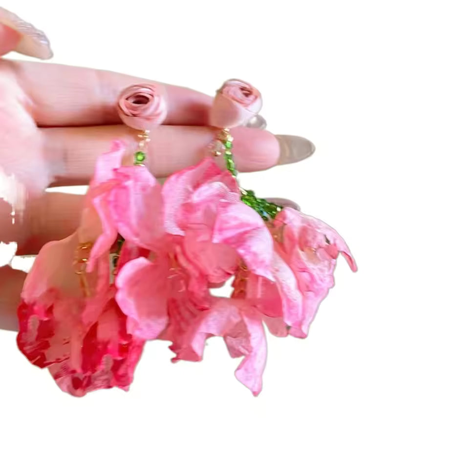 Sweet Flower Dangle Earrings Glass Crystal Exaggerated Beach Earrings French Style