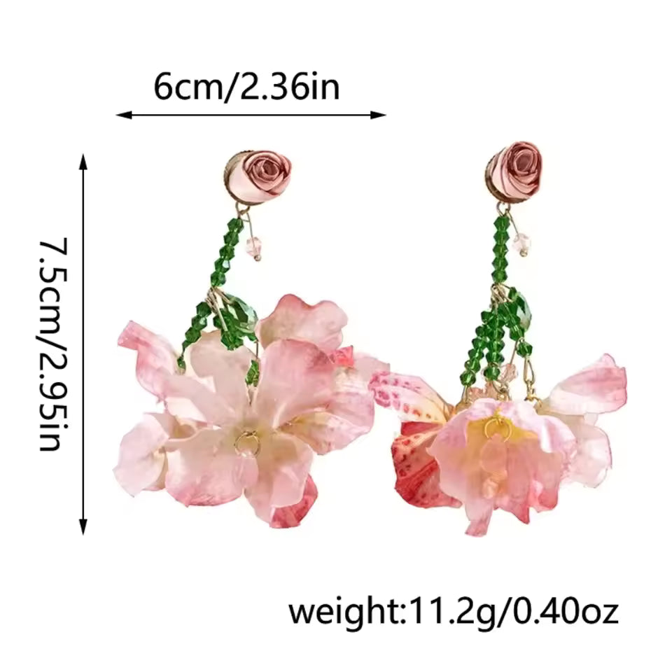 Sweet Flower Dangle Earrings Glass Crystal Exaggerated Beach Earrings French Style