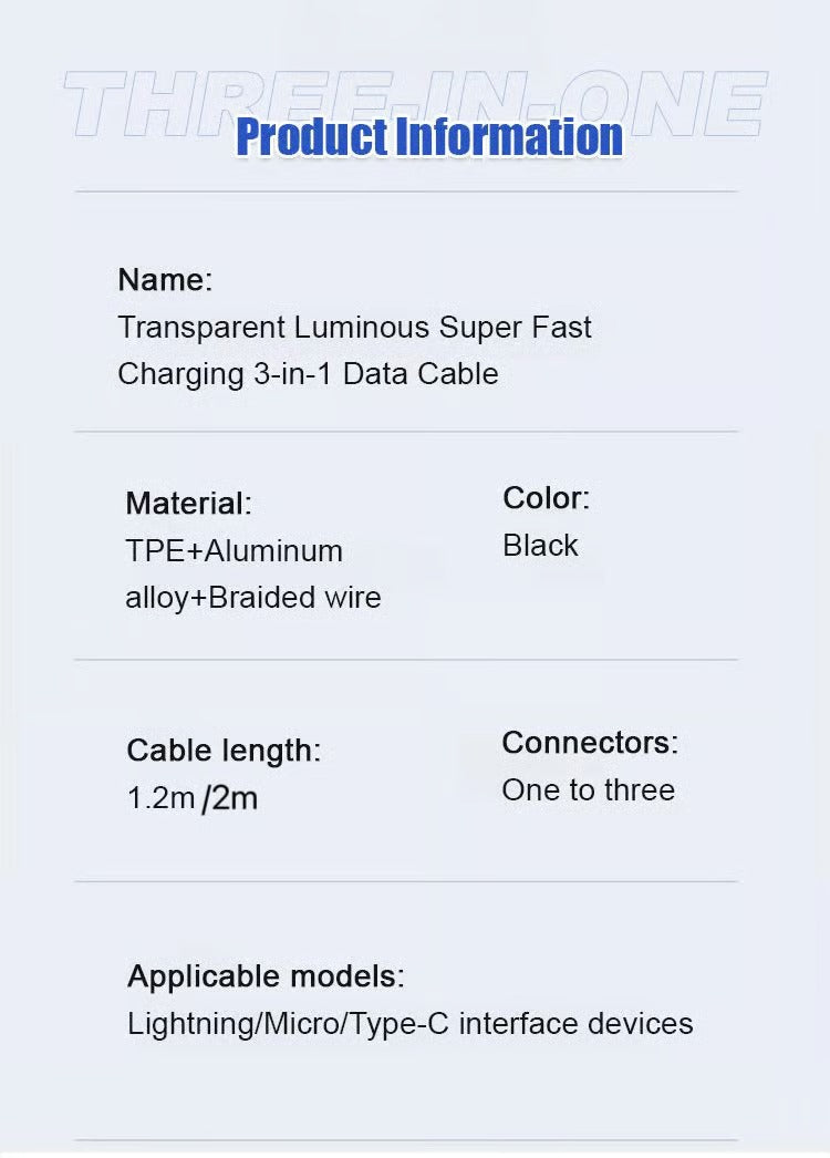 Transparent Luminous Charging 3-in-1 Data Cable