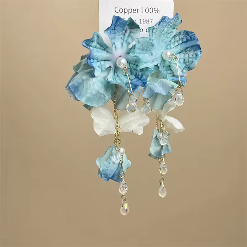 Sweet Blue Cloth Flower Long Pearl Tassel Earrings For Women Exaggerated Big Petal