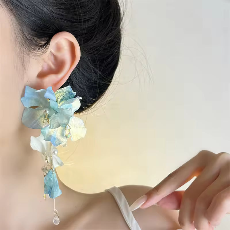 Sweet Blue Cloth Flower Long Pearl Tassel Earrings For Women Exaggerated Big Petal