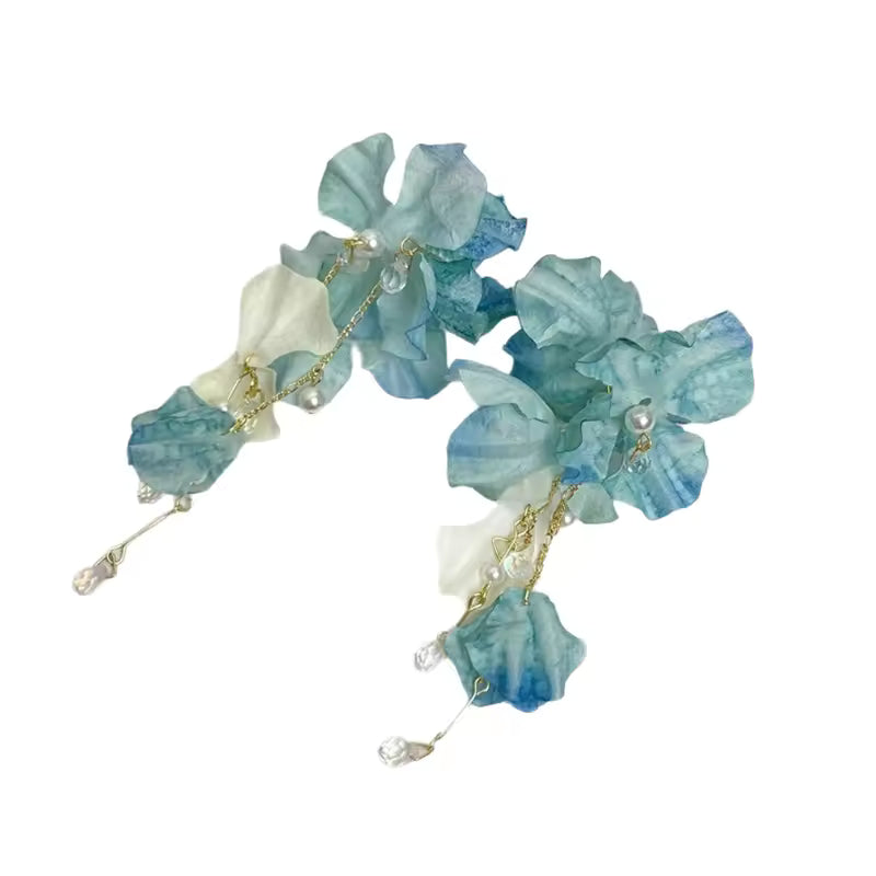 Sweet Blue Cloth Flower Long Pearl Tassel Earrings For Women Exaggerated Big Petal