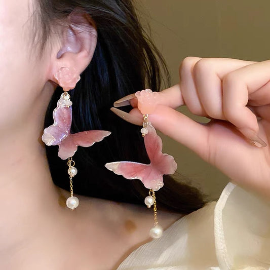 sweet pink flower butterfly tassel earrings