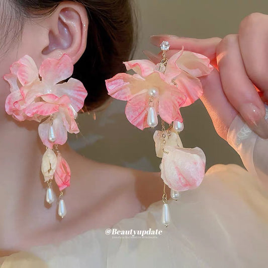 Sweet pink Fabric Flower Long Pearl Tassel Earrings for Women.