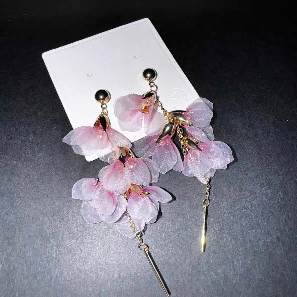Pink Fabric Flower Clip on Earrings for Women Fashion Handmade Long Tassel Earrings Sweet Temperament Banquet Vacation Jewelry