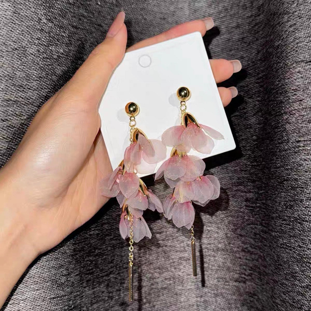 Pink Fabric Flower Clip on Earrings for Women Fashion Handmade Long Tassel Earrings Sweet Temperament Banquet Vacation Jewelry