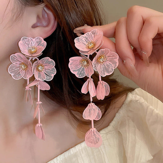 Exaggerated Big Flower Long Tassel Earrings Light Luxury Advanced Sense