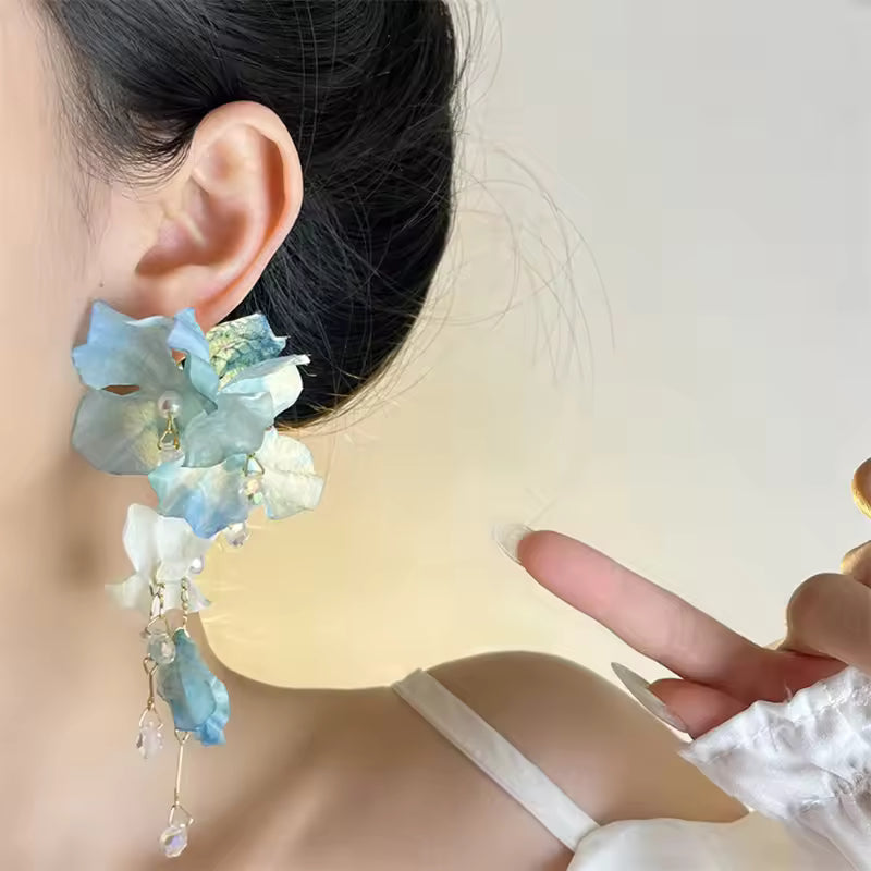 Sweet Blue Cloth Flower Long Pearl Tassel Earrings For Women Exaggerated Big Petal