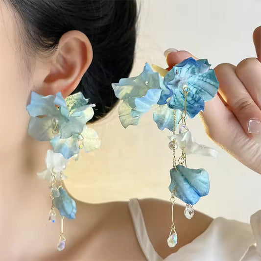 Sweet Blue Cloth Flower Long Pearl Tassel Earrings For Women Exaggerated Big Petal