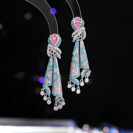 SUYU Women's Light Luxury Design Elegant Tassel Silk Inlaid Zircon Earrings